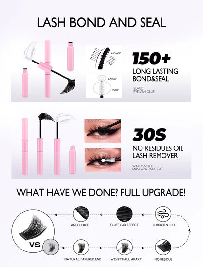 Lash Clusters Kit Cat Lashes 640 Pcs with Lash Bond & Seal Cluster Eyelash Extensions Eyelash Clusters Kit DIY at Home