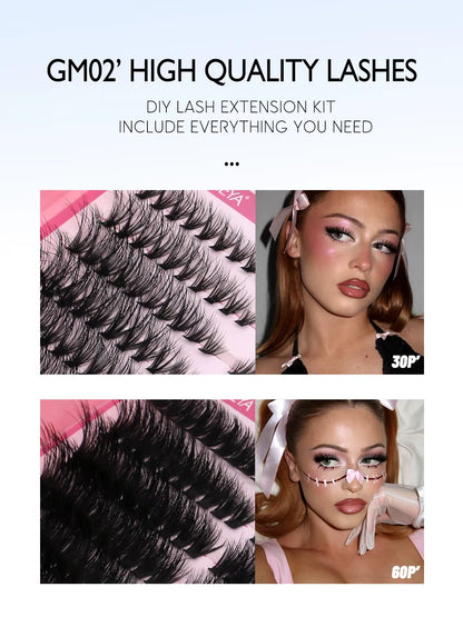 Lash Clusters Kit Cat Lashes 640 Pcs with Lash Bond & Seal Cluster Eyelash Extensions Eyelash Clusters Kit DIY at Home